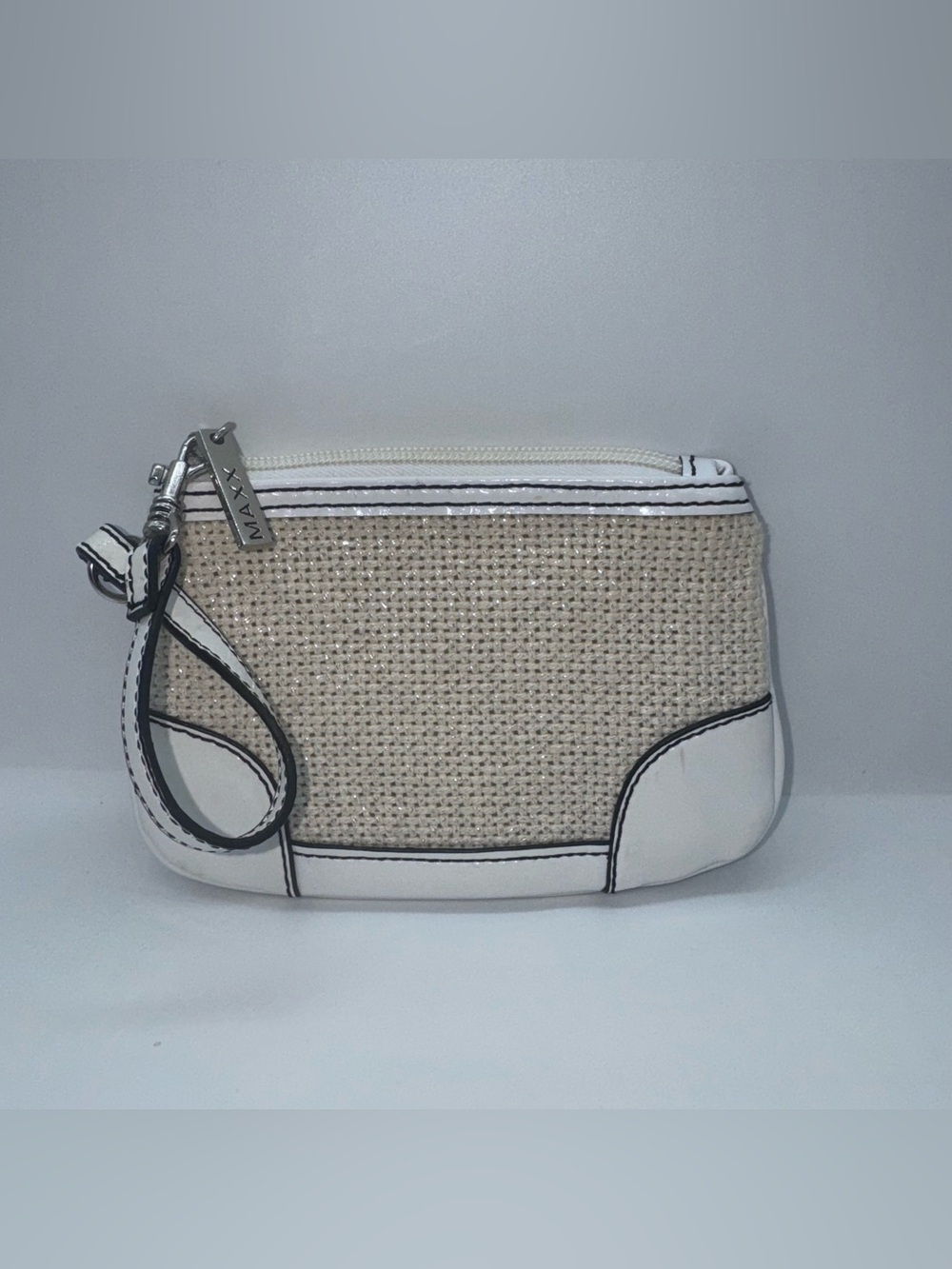 White and Natural Woven Wristlet Clutch